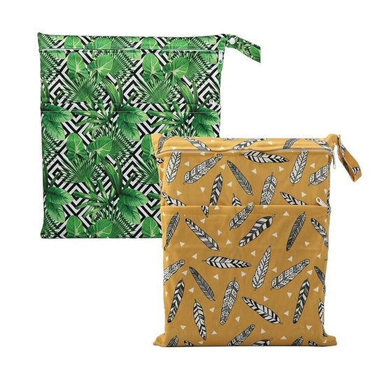 2 Wet Bags Reusable Diaper Nappy Waterproof With Two Zippered Pockets (Golden Leaves and Swirl Leaves)