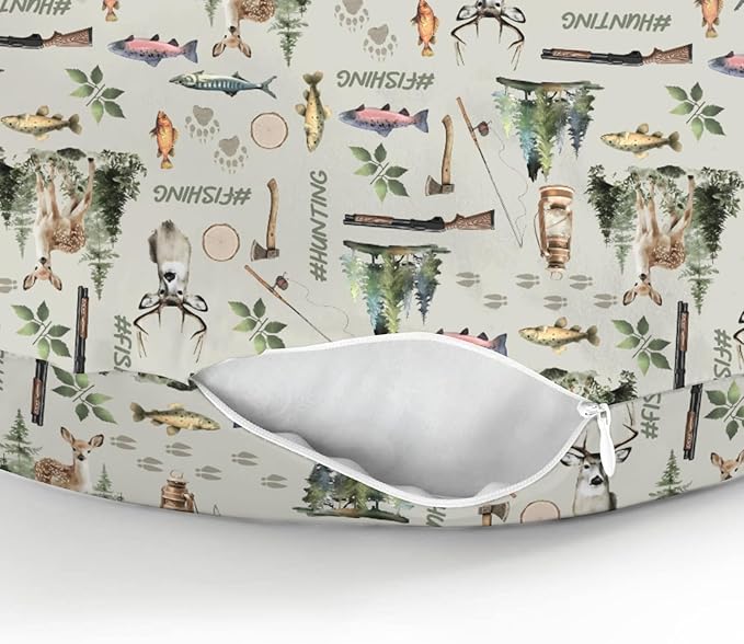 Fishing Hunting Baby Nursing Pillow Covers for Boy Girl Bass Fish Deer Paws Green Trees Nursery Pillowcase for Breastfeeding Pillows Nature Hunting Animals Soft Stretchy Slipcover for Newborn Infant