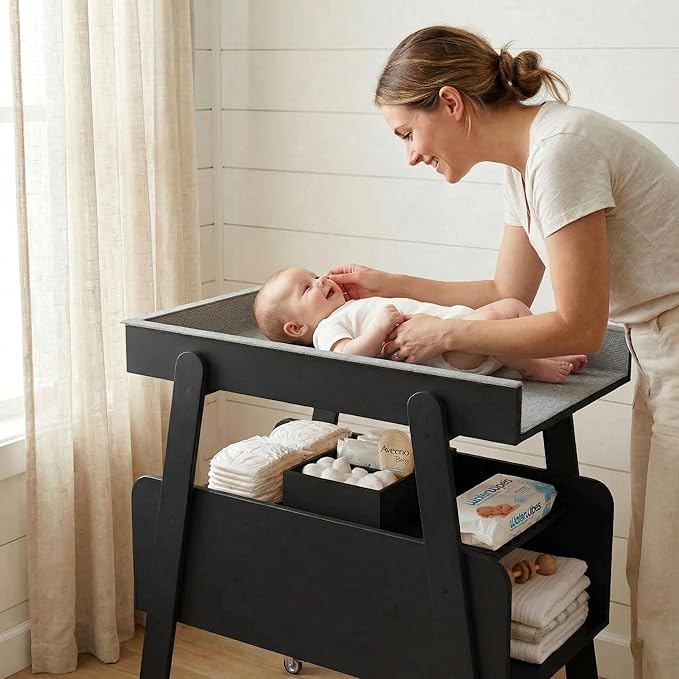 Diaper Changing Station Baby Flat Top Changing Table with Wheels and Changing Pad Nursery Organizer & Storage Rack Mobile Nursery Diaper Changing Table for Baby, Newborn (Black)