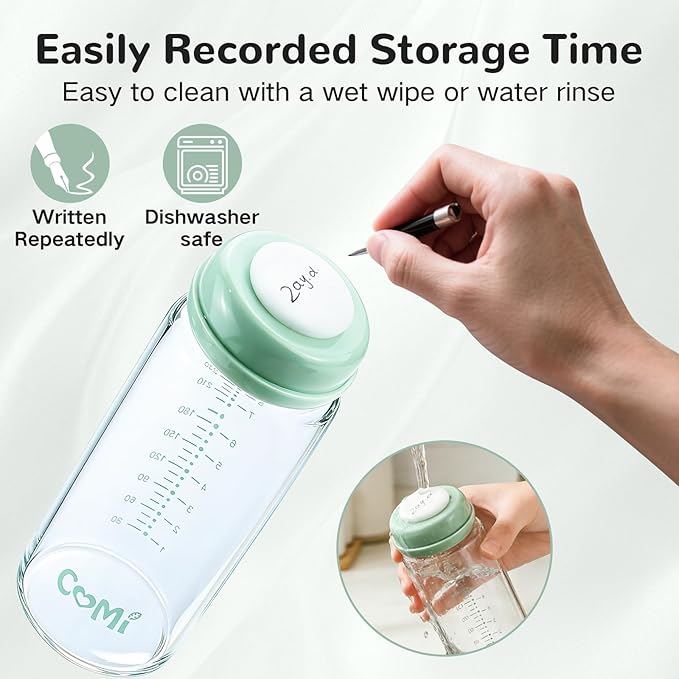 COMI Wide Neck Glass Breastmilk Collection n Storage Bottle, 2 Packs,10oz with Screw Ring Sealing Disk,Re-markable Sealing Disc,BPA Free,Fits Breast Pumps&Nipples(2 Green Lids)