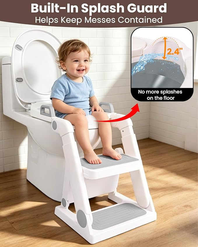 Potty Training Seat, Primlect Upgrade Toddler Toilet Seat for Kids Boys Girls, 2 in 1 Potty Training Toilet with Step Stool, Adjustable Seat and Ladder, Non-Slip Pad, Splash Guard (Light Grey)