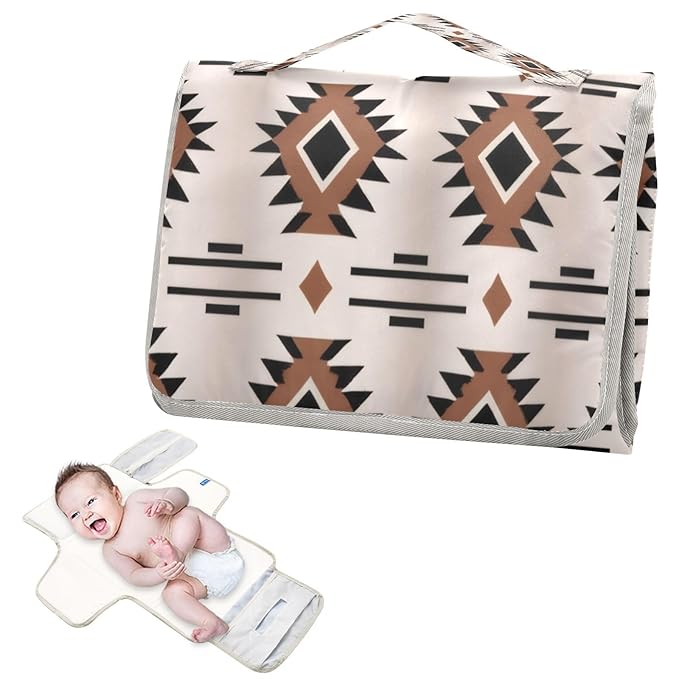 Western Aztec Geometric Baby Changing Pad - Waterproof Diaper Changing Pad with Built-in Pillow - Portable Travel Changing Mat for Newborn Girl & Boy