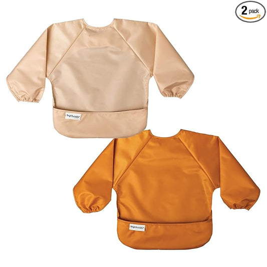 Tiny Twinkle Long Sleeve Bib for Babies & Toddlers | 2-Pack Waterproof Smock Bib for Eating | Machine Washable & Mess-Proof Feeding Essentials | Newborn Shower Gift (Sand Cinnamon,2-4Y)