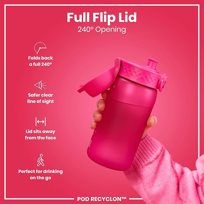 Ion8 Small Water Bottle, 350 ml/12 oz, Leak Proof, Easy to Open, Secure Lock, Dishwasher Safe, BPA Free, Carry Handle, Hygienic Flip Cover, Easy Clean, Odor Free, Carbon Neutral, Hot Pink