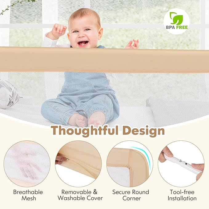 Costzon Bed Rail for Toddlers, 2 PCS Extra Long Swing Down Safety Bed Guards w/Straps for Convertible Crib, Kids Twin, Double, Full Size, Queen & King Bed, Folding Bed Rails for Baby (71-Inch, Beige)