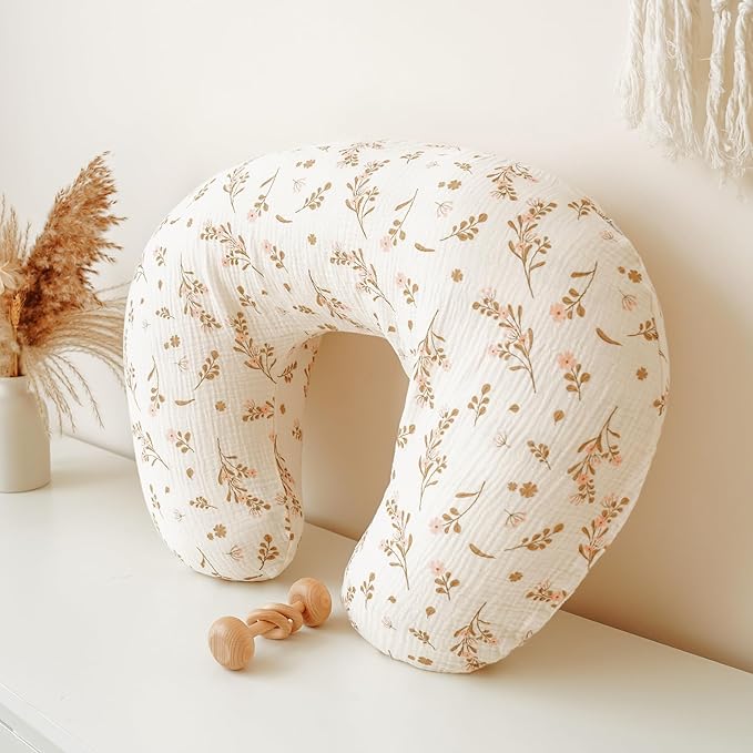 Konssy 2-Pack Muslin Nursing Pillow Covers, Soft & Adorable Nursing Covers for Breastfeeding Pillows, Slipcovers for Newborn Boys & Girls(Pink, Floral)
