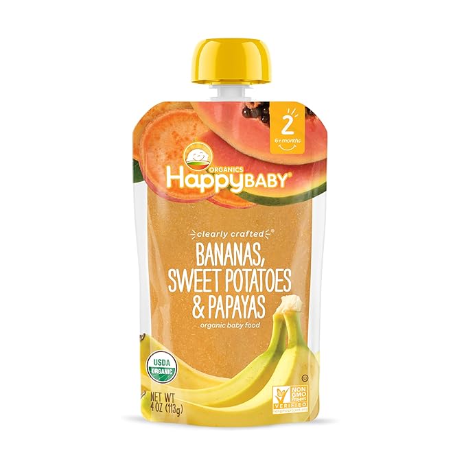 Happy Baby Organics Clearly Crafted Stage 2 Baby Food, Bananas, Sweet Potatoes & Papayas, 4 Ounce Pouch (Pack of 16) packaging may vary