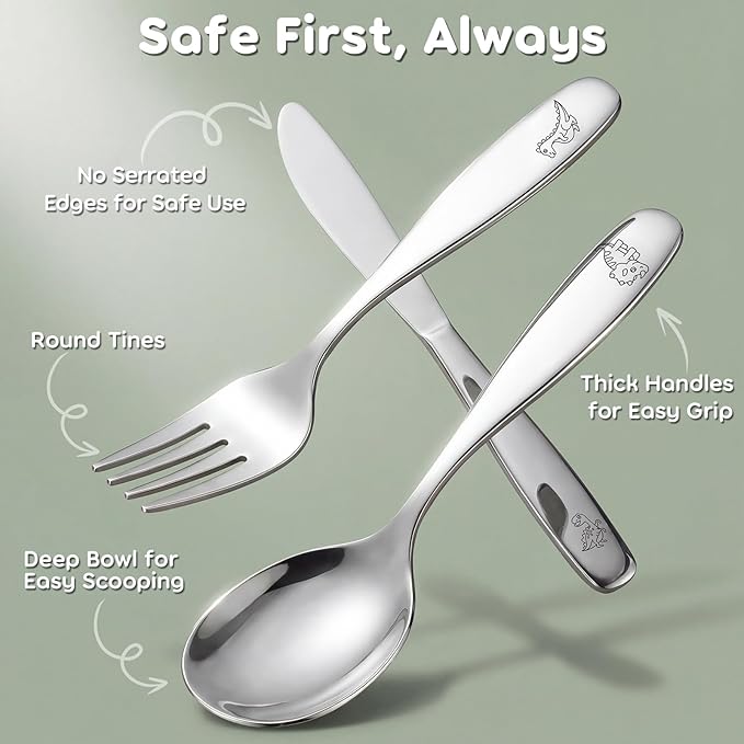 Lehoo Castle Kids Silverware Stainless Steel 6-Piece - Toddler Spoons and Forks Knife Set, Toddler Utensils for 3 Year Old, Child-Safe Flatware for Self Feeding (Dinosaur)