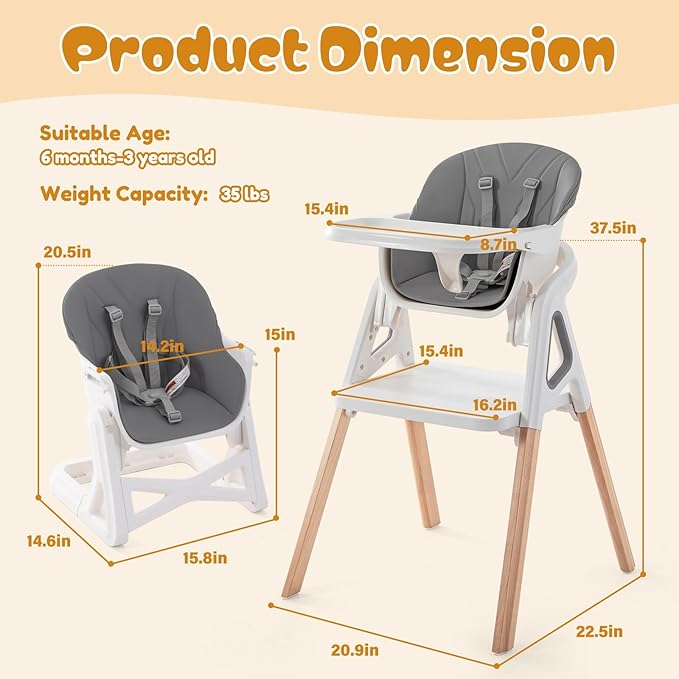 Baby High Chair, 4 in 1 Wooden Convertible High Chair for Babies and Toddlers with Erase Board, Highchair for Baby & Toddler, 5-Point Safety Belt & Waterproof PU Cushion (Grey)