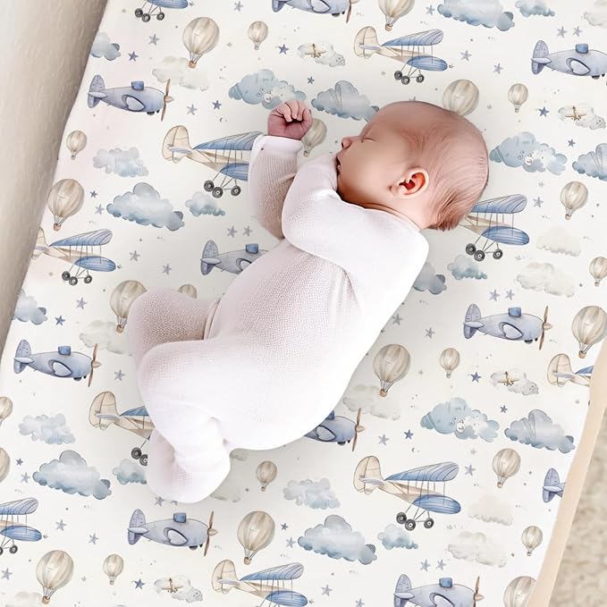 Plane Hot Air Balloon Transportation Pattern Baby Changing Pad Cover, Unisex Aircraft Clouds Stars Nursery Diaper Changing Table Pad Mat Sheet for Boys Girls-16x32