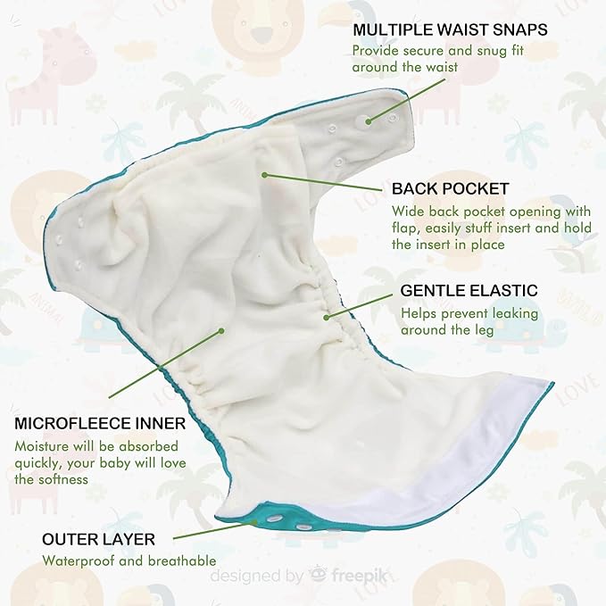 KaWaii Baby One Size Pocket Cloth Diaper Shells, Washable, Reusable, Adjustable, Leakproof, Newborn to Toddler 8-36 lbs Animal Learning Bundle, Pack of 20