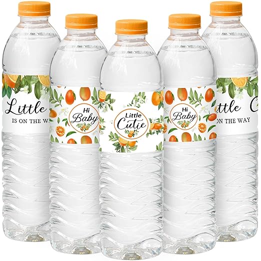 48 Pieces Little Cutie Baby Shower Water Bottle Labels Orange Water Bottle Wrapper Stickers Party Favors Decorations for Boy Girl Baby Shower, 3 Styles