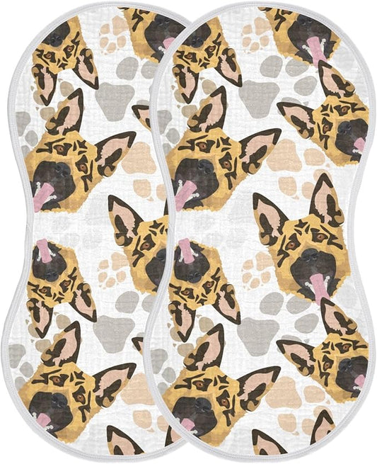 Muslin Burp Cloths for Baby Boys and Girls - 2-Pack Ultra Absorbent German Shepherd Dog Muslin Washcloths, Newborn Towel, Milk Spit Up Rags, Burp Cloth Bibs for Unisex, 22 x 11 Inch