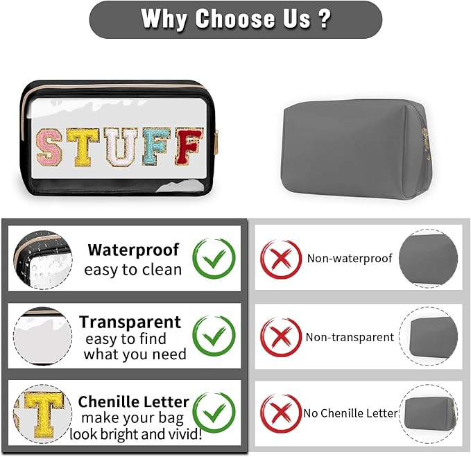 Chenille Letter Clear Makeup Bags Stuff Pouch, Preppy Patch Makeup Bag with Zipper, Transparent PVC & Nylon Waterproof Portable Glitter Cosmetic Bag Travel Toiletry Storage for Women Girl(STUFF-Black)