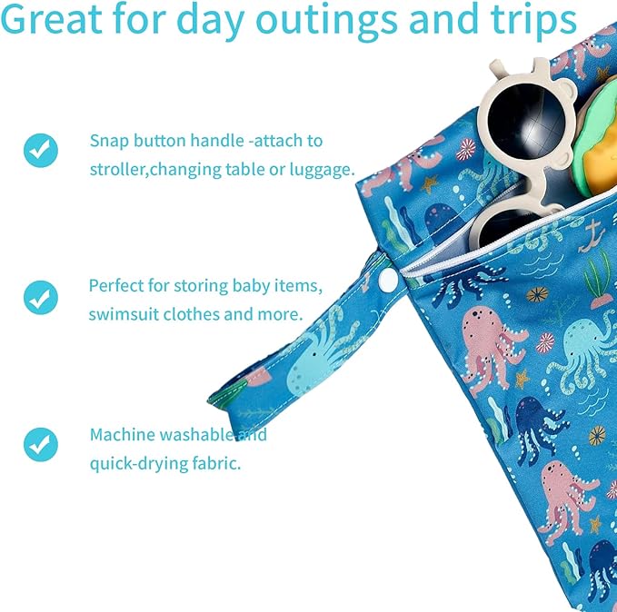 2 Pcs Wet Bags Waterproof Reusable Zippered Pocket Cloth Diaper Bag for Travel Beach Pool Swim, Baby Diapers,Gym Yoga Wet Clothes,Swimsuit,water wipes (Octopus)