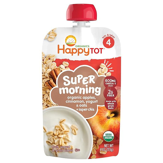 Happy Tot Organics Stage 4 Baby Food Pouches, Gluten Free, Super Morning Fruit & Oat Blend, Apple Cinnamon, Yogurt, Oats & Chia, 4 Oz (Pack of 1)