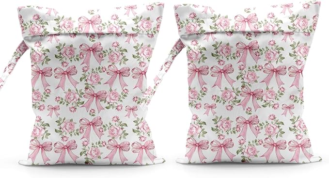 Waterproof Cloth Diaper Wet Dry Bag Reusable Travel Beach Pool Daycare Soiled Toddler Items Yoga Gym Bag for Swimsuits Wet Clothes Bags - 2pcs Pink Bow Themed Pattern