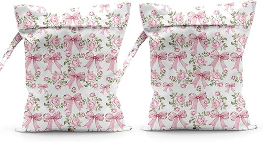 Waterproof Cloth Diaper Wet Dry Bag Reusable Travel Beach Pool Daycare Soiled Toddler Items Yoga Gym Bag for Swimsuits Wet Clothes Bags - 2pcs Pink Bow Themed Pattern