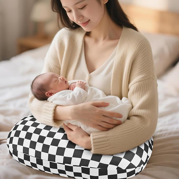 DILIMI Nursing Pillow Cover, Soft Stretchy Nursing Cover for New-Designed Breastfeeding Pillow, Removable Slipover for Baby Boy and Girls, Black Checkered Only Cover