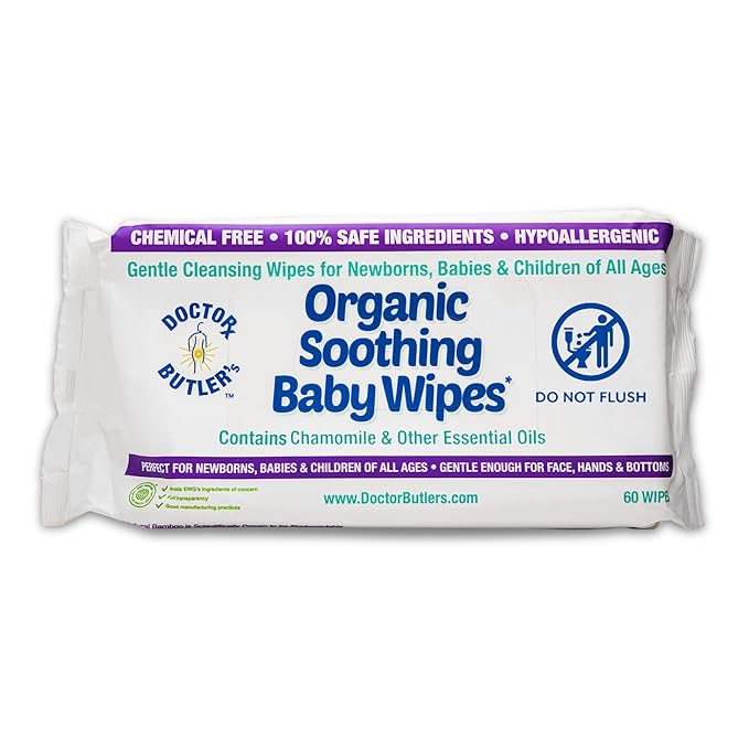 Doctor Butler's Organic Baby Wipes - Hypoallergenic & Unscented Baby Wipes, Safe for Baby Sensitive Skin Care, Made with Chamomile & Essential Oils (1pk – 60 Wipes)