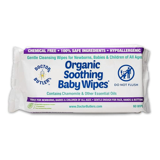 Doctor Butler's Organic Baby Wipes - Hypoallergenic & Unscented Baby Wipes, Safe for Baby Sensitive Skin Care, Made with Chamomile & Essential Oils (1pk – 60 Wipes)