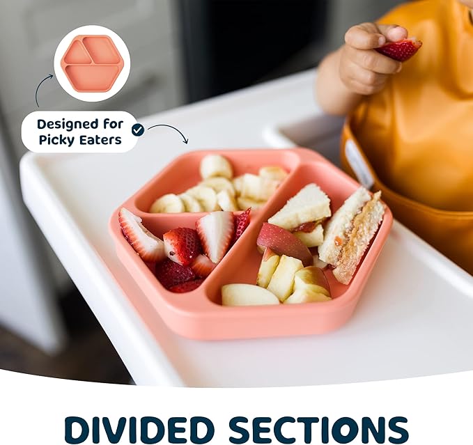 Tiny Twinkle Silicone Suction Baby Plate, Suction Grip Divided Dish for First Foods and Self-Feeding Toddlers, Baby Led Weaning Supplies for Independent Eating (Coral Plate)