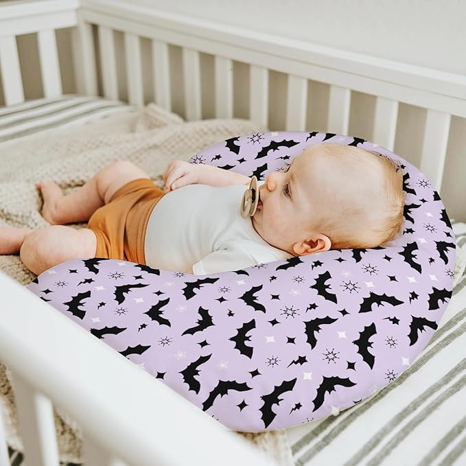 Purple Pastel Halloween Baby Nursing Pillow Covers for Boy Girl Black Bat and Stars Nursing Pillowcase for Breastfeeding Pillows Spooky Halloween Night Soft Stretchy Slipcovers for Newborn Infant