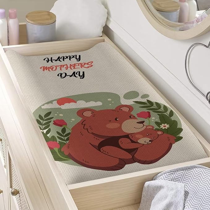 Bear Mom Change Pad Covers, Water Resistant Baby Diaper Change Table Covers Soft Contoured Pad Covers for Newborn Baby Boys Girls