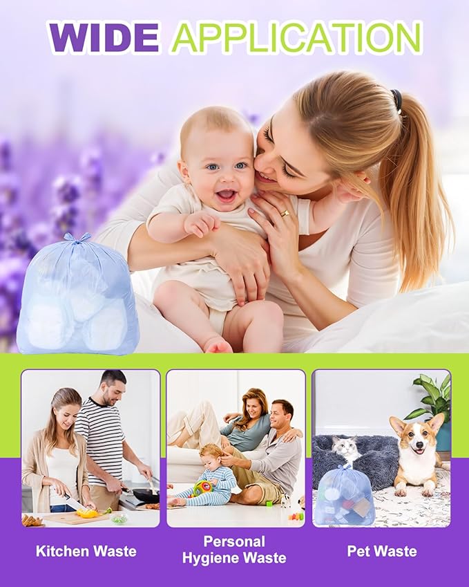 Diaper Pail Refill Bags Compatible with DEKOR MINI Diaper Pails, 20% Extra Length Diaper Bags Disposable with Lavender Flavor, Holds up to 1800 Diapers, 6 Pack