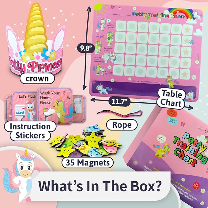 PUTSKA Potty Training Reward Chart for Girls with 35 Reusable Stickers – Potty Chart for Toddlers Girls - Reward Chart for Kids for Toilet Success - Unicorn