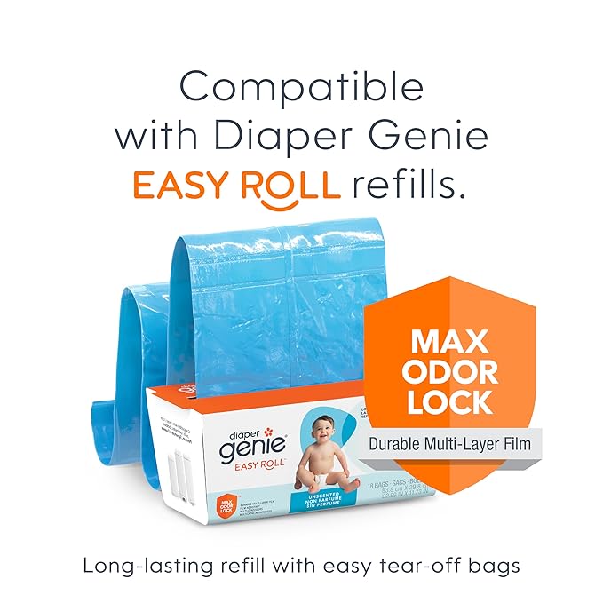 Diaper Genie Essence Pail, White with 18 Easy Roll Refill Bags