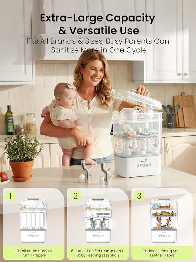 Grownsy 3 Layers-Large Bottle Sterilizer and Dryer, Holds 6 to10 Bottles, Nesting Design Bottle Sanitizer Esterilizador de Biberones for Breast Pump Sterilizer Bags Bottle Brush Included