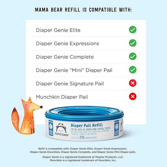 Amazon Brand - Mama Bear Diaper Pail Refills with Odor Control for Diaper Genie Pails, Unscented, 1080 Count (4 Packs of 270 Count)