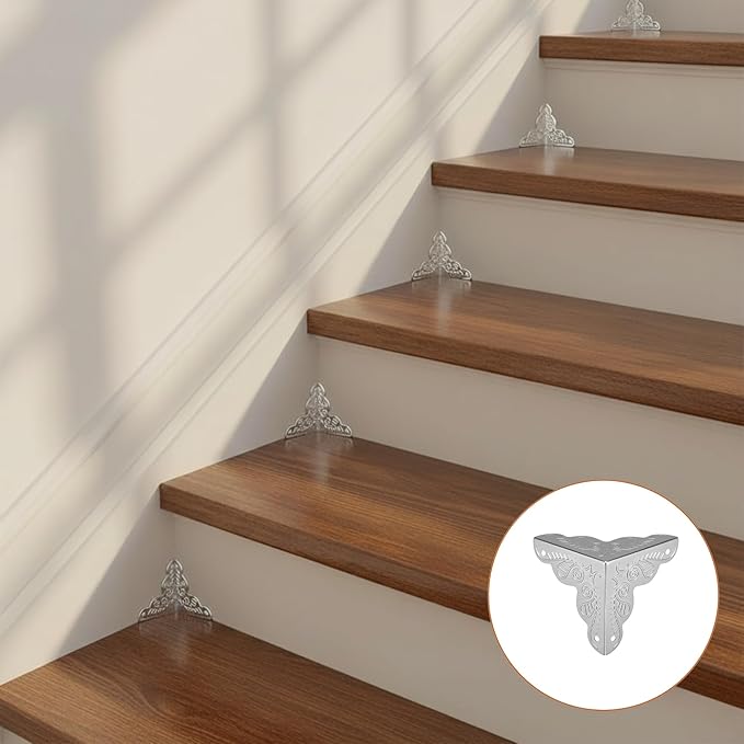 50Pcs Stair Dust Corner (0.98in/25mm) - Dust Catchers for Edge, Vintage Metal Corner Cover with Screws, Antique Silver Decorative Protectors for Walls Baseboards Jewelry Box Cabinets Table