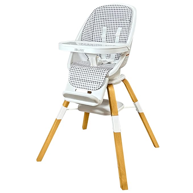 TruBliss Turn-A-Tot High Chair for Babies and Toddlers, 2 in 1 Wooden Portable Baby Feeder or Adjustable Child's Seat with 360 Degree Swivel, Removable Tray, and Pad (Gingham)