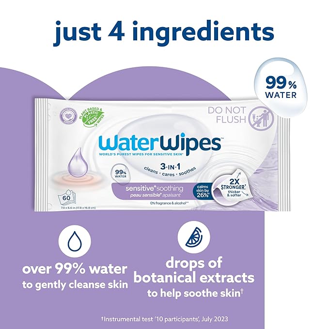 WaterWipes Plastic-Free Soothing Clean 99% Water Based Botanical Baby Wipes, Unscented & Hypoallergenic for Sensitive Skin, 12 Resealable Packs (720 Wipes)