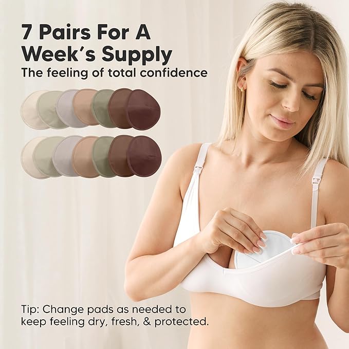 Organic Nursing Pads - 14 Washable Breast Pads for Breastfeeding, Wash Bag, Viscose Derived from Bamboo Reusable Nipple Covers for Breastfeeding Essentials, Soft & Absorbent (Sable, L 5")
