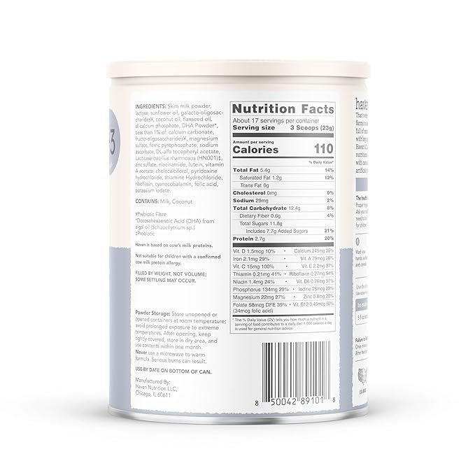 Haven A2 Cow Toddler Formula, Grass Fed Cow Milk Powder for Toddlers With Protein, Probiotics, Prebiotics, Lutein and Omega 3 Dha, Easy Digestion Formula, Non GMO, American Made, 14.1 Oz