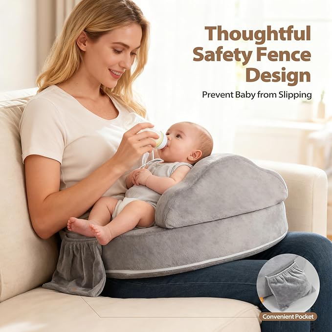 Nursing Pillow - Memory Foam Bottle & Breastfeeding Pillow with Safety Fence - Ergonomic Support, with Wider Breast Feeding Cushion, Adjustable, Removable Cover, Baby Safety Certified Gray