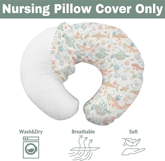Girly Whale Baby Nursing Pillow Covers for Boy Girl Narwhal Shark Jellyfish Corals Nursing Slipcovers for Breastfeeding Pillows Boho Sea Ocean Animals Leopard Soft Stretchy Cover for Newborn Infant