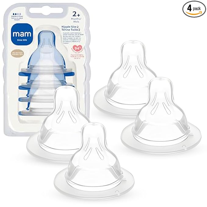MAM Baby Bottle Nipples Medium Flow Size 2, for 2+ Month Babies, Skin Soft BPA Free Silicone, 94% Nipple Acceptance, Fits All MAM Bottles, Developed with Medical Experts, 4 Pack, Made in Europe