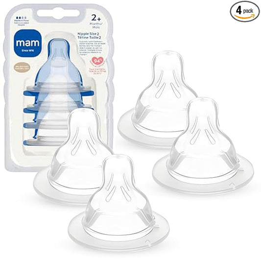 MAM Baby Bottle Nipples Medium Flow Size 2, for 2+ Month Babies, Skin Soft BPA Free Silicone, 94% Nipple Acceptance, Fits All MAM Bottles, Developed with Medical Experts, 4 Pack, Made in Europe