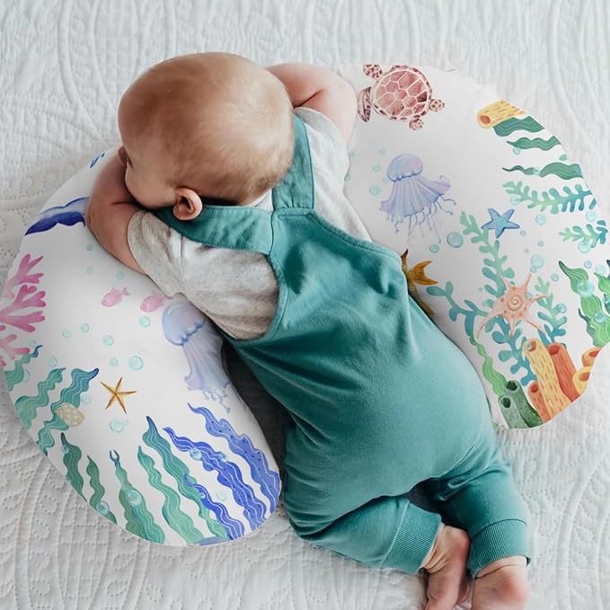 Colorful Ocean Animals Baby Nursing Pillow Covers for Boy Girl Whale Turtle Jellyfish Sea Horse Weeds Nursery Slipcovers for Breastfeeding Pillows Marine Life Soft Stretchy Cover for Newborn Infant