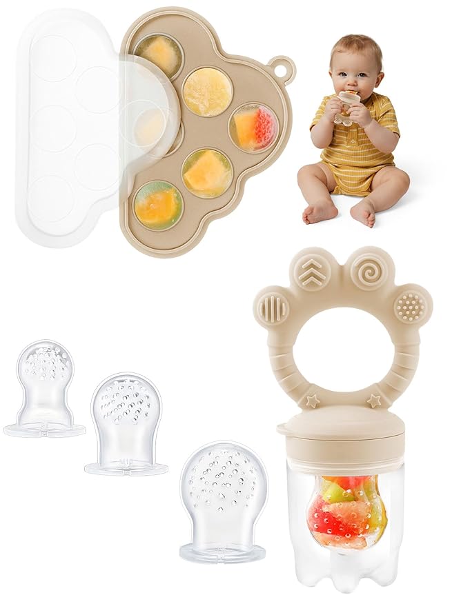 Baby Popsicle Molds & Food Feeder Set, Baby Fruit Feeder for Infant Teething Relief & Safe Infant Self Feeding 4 Months+ Starting Solids for Essentials (Beige)