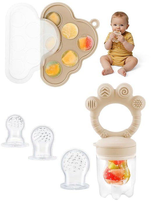 Baby Popsicle Molds & Food Feeder Set, Baby Fruit Feeder for Infant Teething Relief & Safe Infant Self Feeding 4 Months+ Starting Solids for Essentials (Beige)