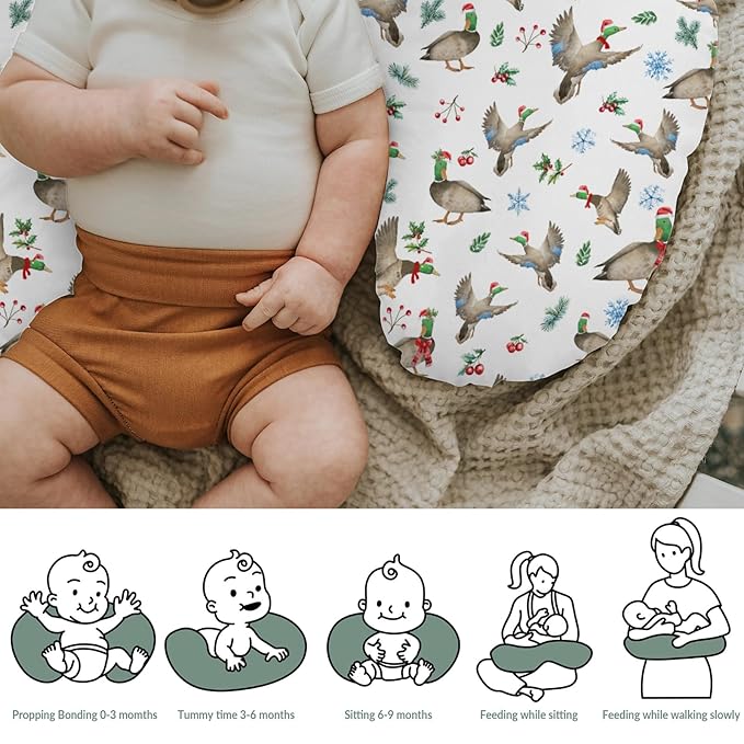 Christmas Mallard Ducks Baby Nursing Pillow Covers for Boy Girl Winter Green Ducks Fir Leaves Snowflakes Nursing Pillowcase for Breastfeeding Pillows Hunting Ducks Soft Stretchy Slipcovers for Newborn