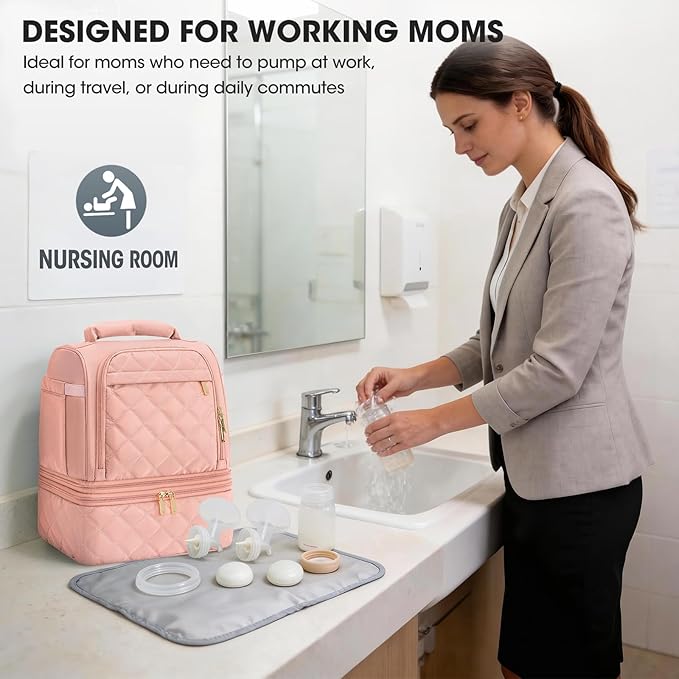 RAINSMORE Wearable Breast Pump Bag, Willow/Eufy/Elvie/Spectra/Medela/Momcozy M5/S12 Pro, Breast Milk Cooler Travel Bag with Cooler Compartment & Ice Pack, Pink