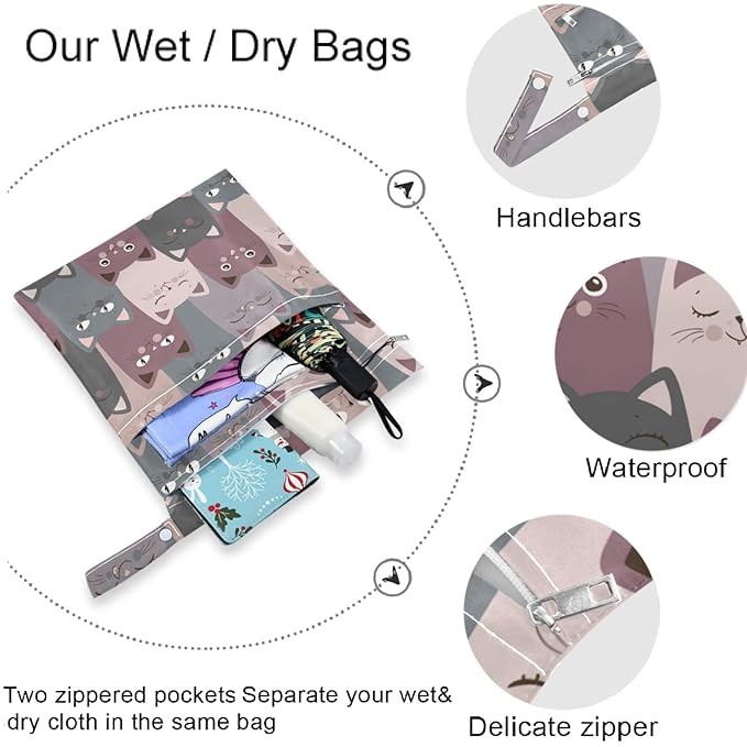 visesunny Funny Grey Cat 2Pcs Wet Bag with Zippered Pockets Washable Reusable Roomy for Travel,Beach,Pool,Daycare,Stroller,Diapers,Dirty Gym Clothes, Wet Swimsuits, Toiletries
