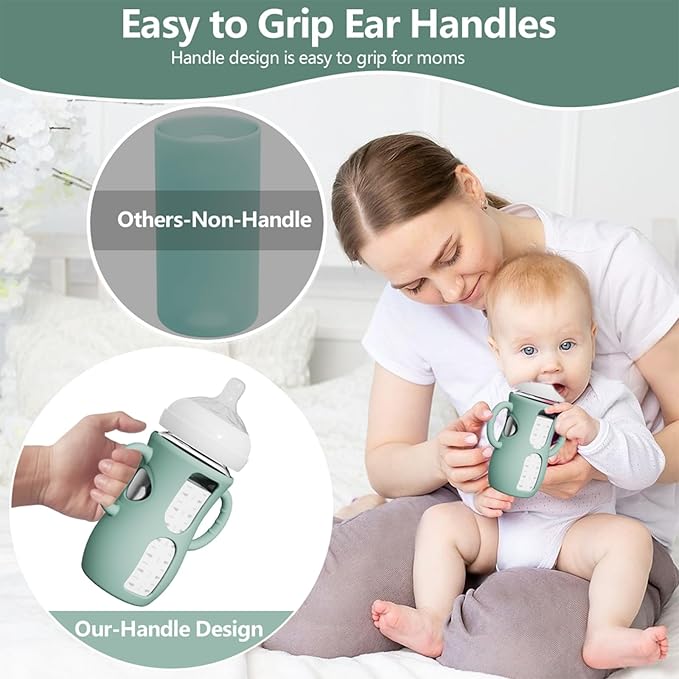 2 Pack Silicone Sleeves with Easy-Grip Handle for Avent Natural Glass Bottles, Anti Breakage Baby Bottle Holder, Compatible with Philips Avent Glass Natural Bottle 8 oz, Not for Infant Use