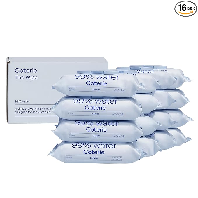 Coterie Baby Wipes for Sensitive Skin, Plant-Based and Plastic-Free Fibers, 99% Water, Hypoallergenic, pH Balanced, Unscented, Clean and Gentle Baby Essentials, 16 Pack, 896 Count